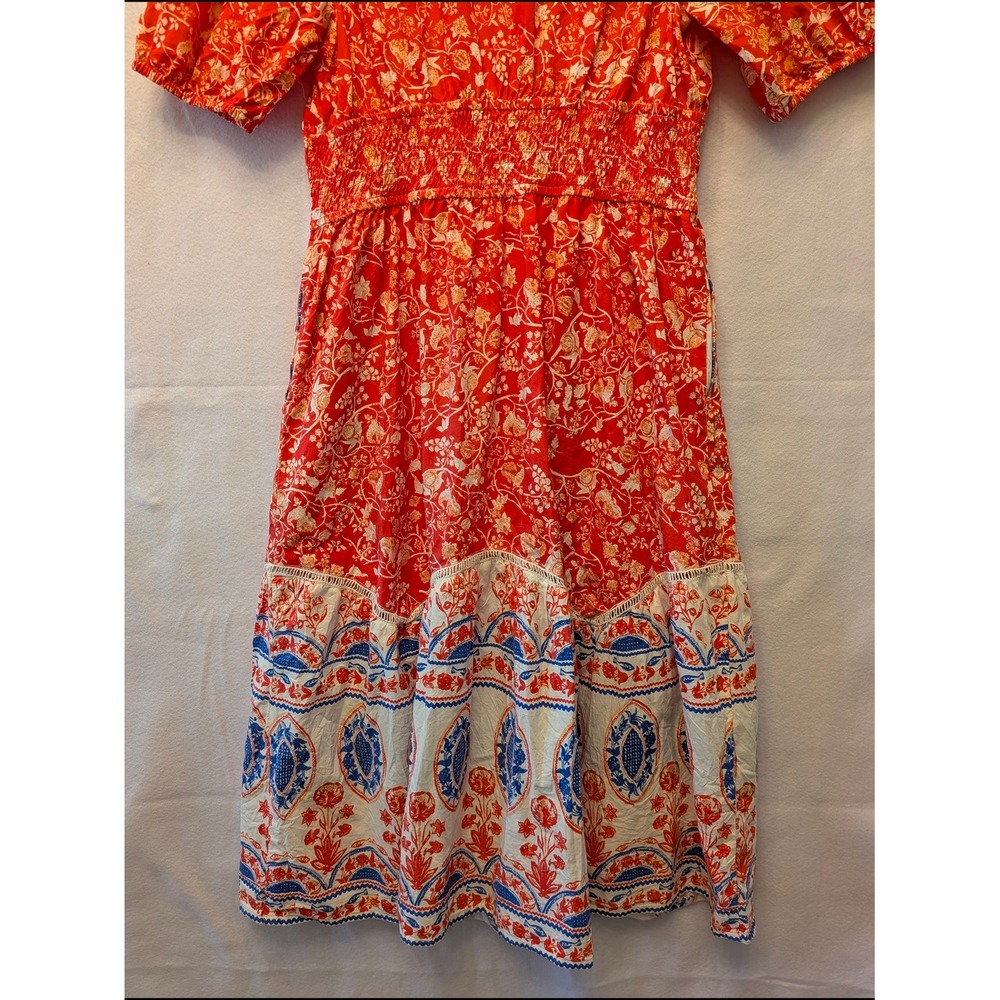 Kalki Koechlin x Max Midi Dress Womens L Red Floral Boho Puff Sleeve Excellent - Picture 9 of 14